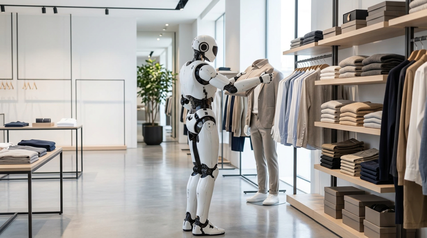 Humanoid arranging garments in a bright clothing store