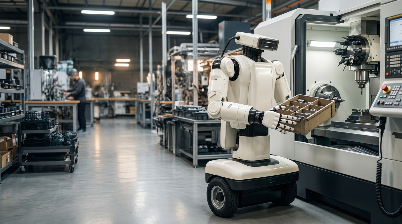 Wheeled robot carrying a parts kit beside a CNC machine